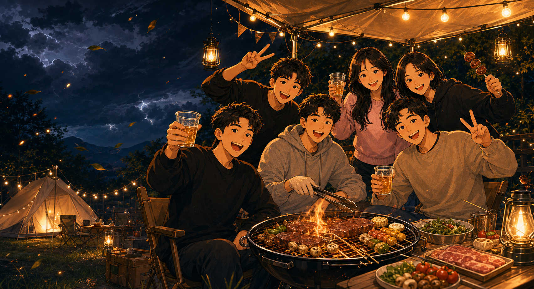 맥주뿌셔파티 멤버들이 바베큐 그릴 주변에 모인 캐릭터 일러스트